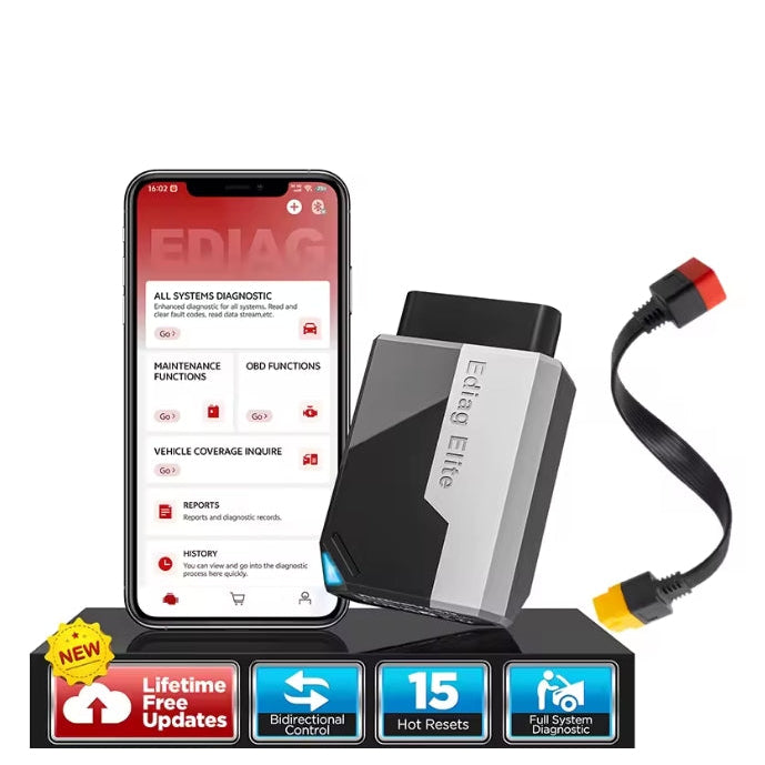 Kingbolen Ediag Elite Bluetooth OBD2 diagnostic scanner with extension cable and app overview