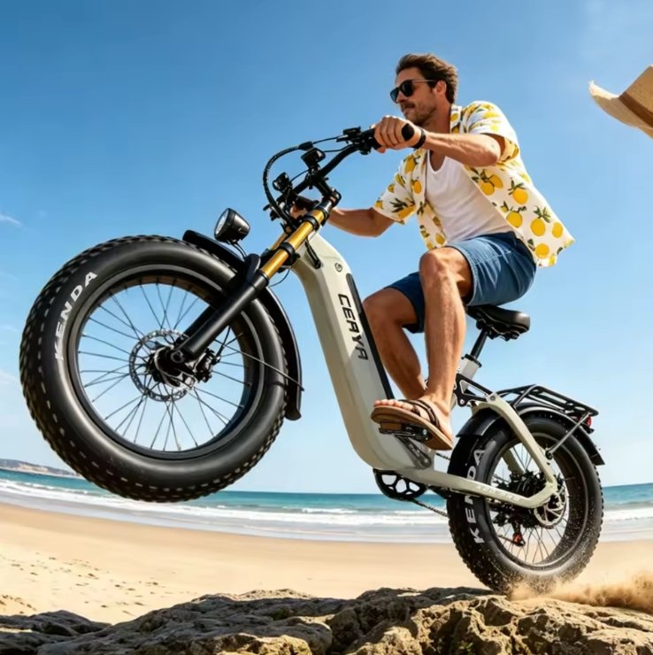 Man riding a Ceaya electric bike on a beach with a clear blue sky.