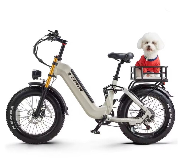 electric bike with black tires and a cute dog sitting in the rear basket on a white background