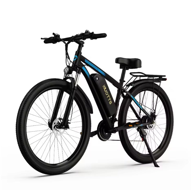 DUOTTS C29 Electric Bike with Black Frame, Blue Accents, Mounted Battery Pack, Front Suspension, and Rear Luggage Rack