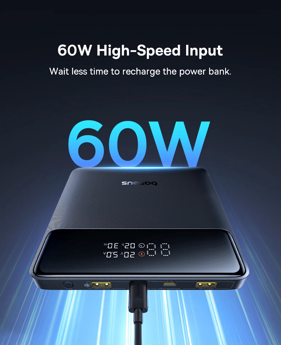 Power bank with 60W high-speed input on a dark background