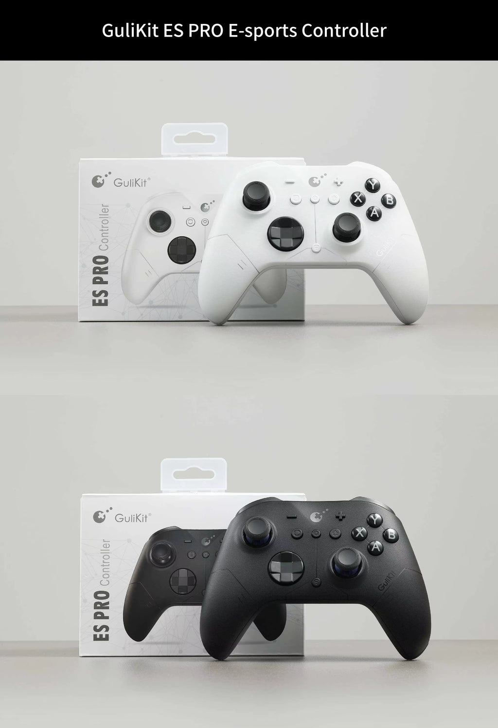 GuliKit ES Pro e-sports controller retail box packaging shown in white and black colorways with the controllers displayed in front