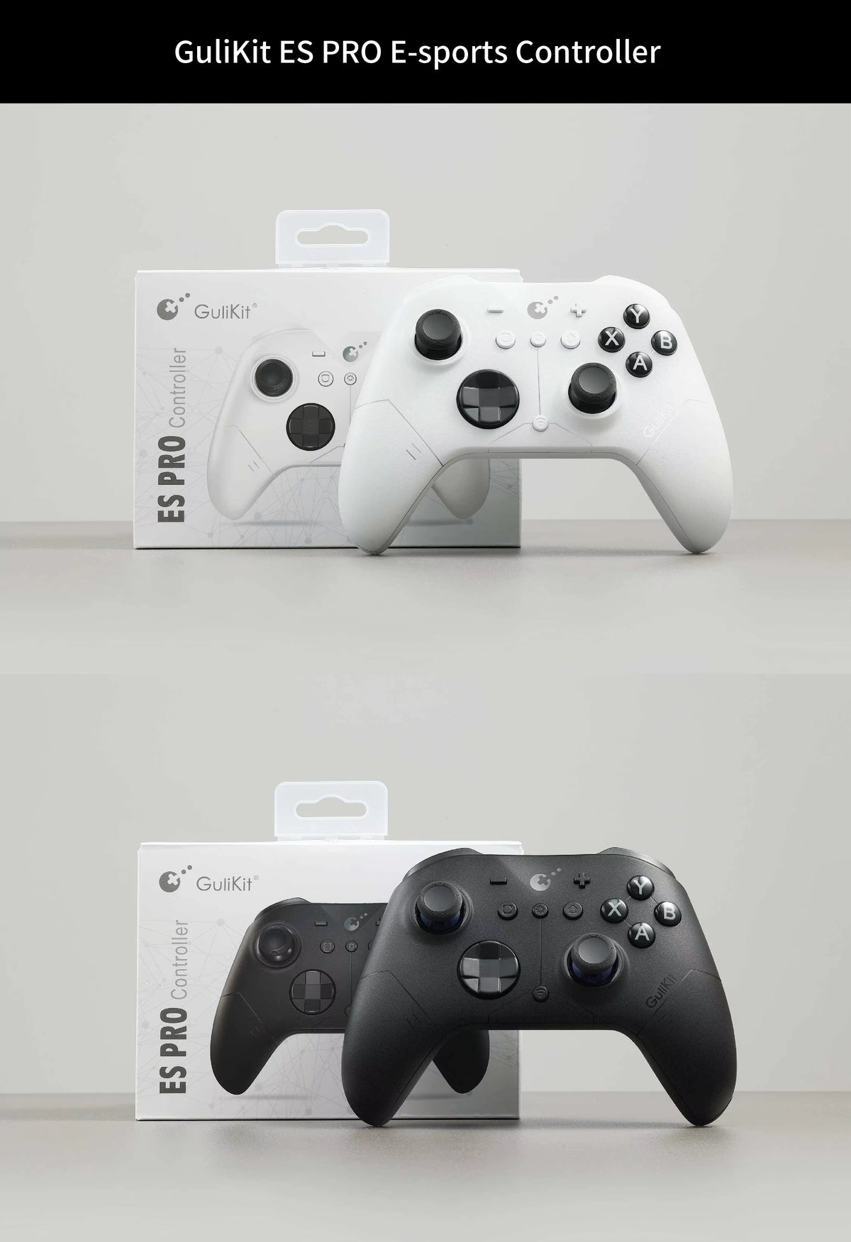 GuliKit ES Pro e-sports controller retail box packaging shown in white and black colorways with the controllers displayed in front