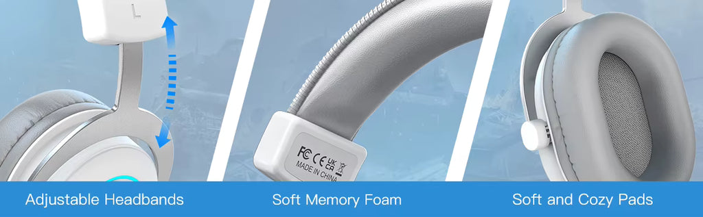 Technical detail graphic showing the adjustable headband, soft memory foam pads, and ear cup build