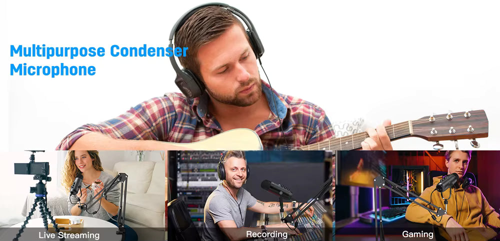 Creator recording acoustic guitar with the Haomuren desktop studio microphone setup in a home environment