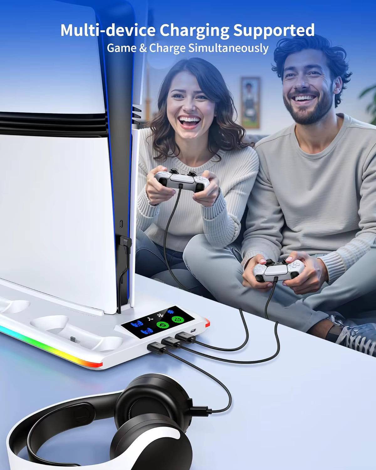 Gamers enjoying dual controller gaming setup with connected PS5 vertical thermal station and headset