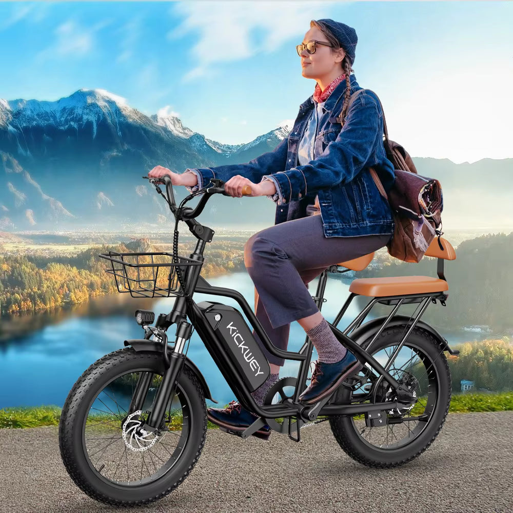 Person riding an electric bike with a scenic mountain and lake in the background background