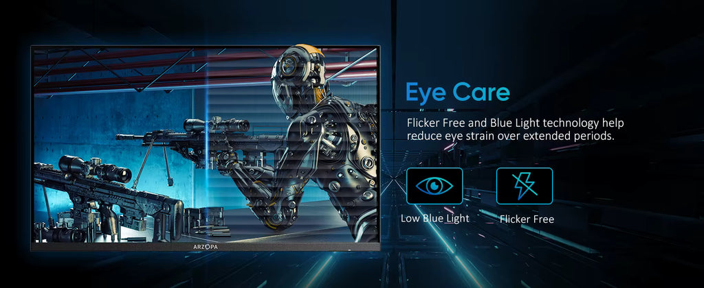 A promotional graphic for a monitor or display product showing a futuristic sci-fi scene on the screen, alongside marketing text reading 'Eye Care' and icons for 'Low Blue Light' and 'Flicker Free'.