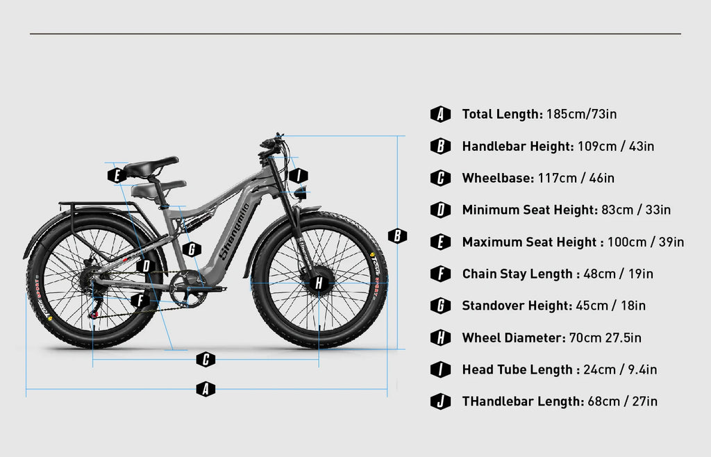 Electric bike with detailed measurements on a white background