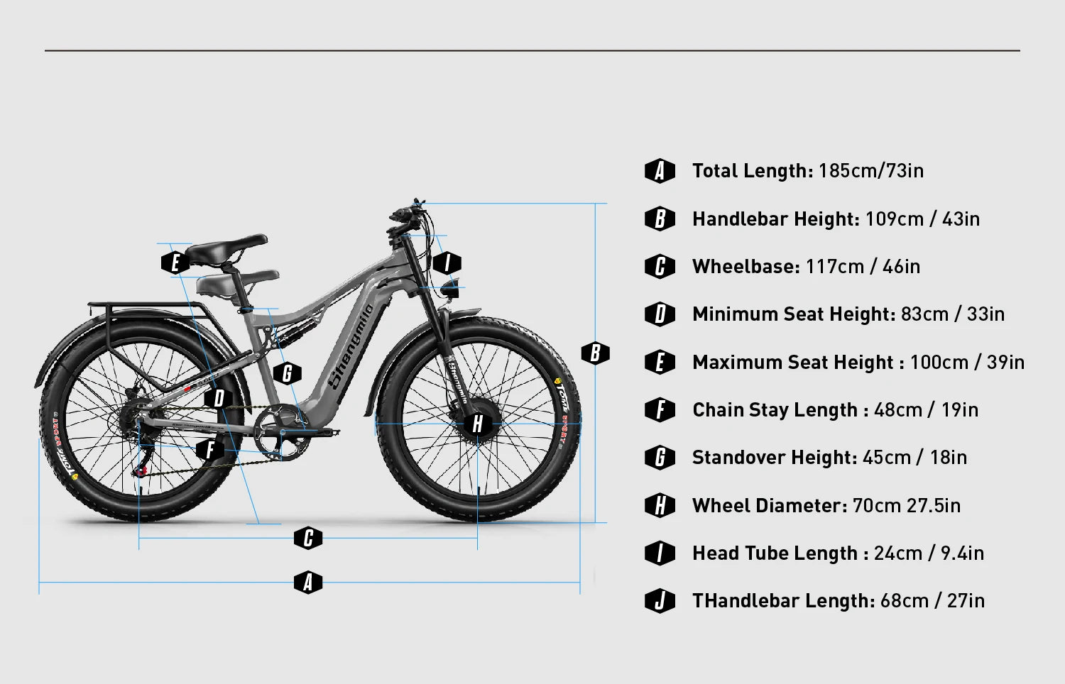 Electric bike with detailed measurements on a white background