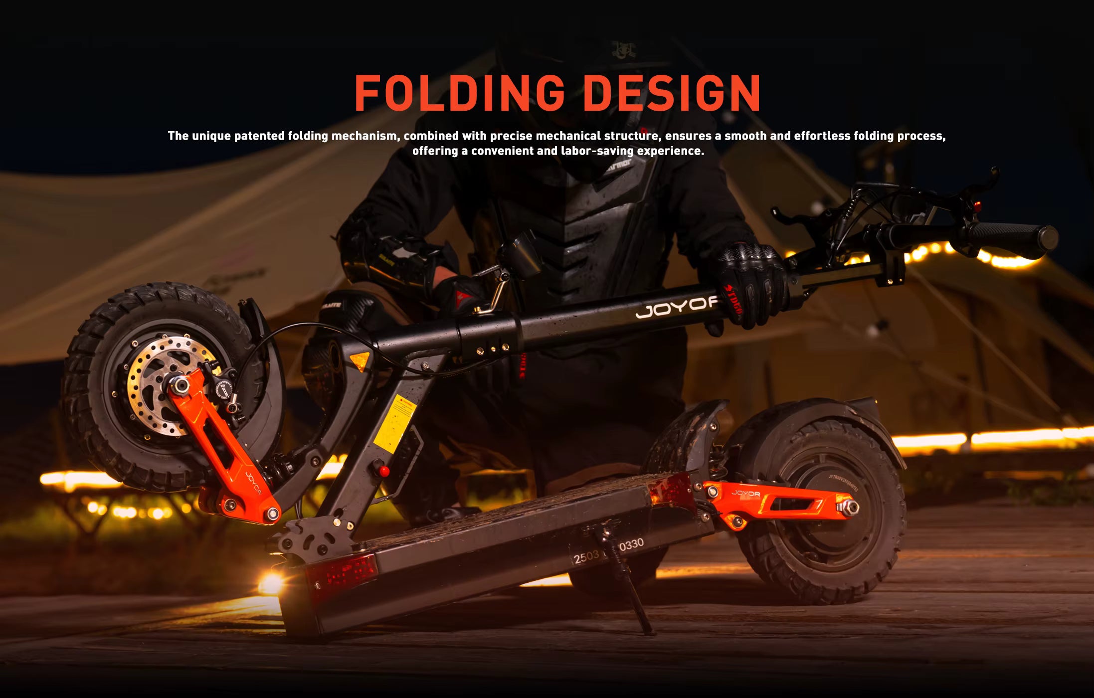 Joyor electric scooter with folding design on a dark background