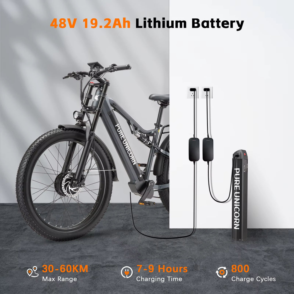 PURE UNICORN U7 Electric bike with 48V lithium battery and charging cable on a gray background