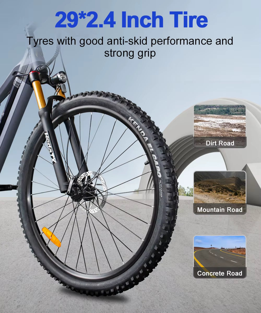 HedaTX TX19 Electric Bicycle wheel with 29x2.4 inch tire on a road surface, showing performance on different terrains.