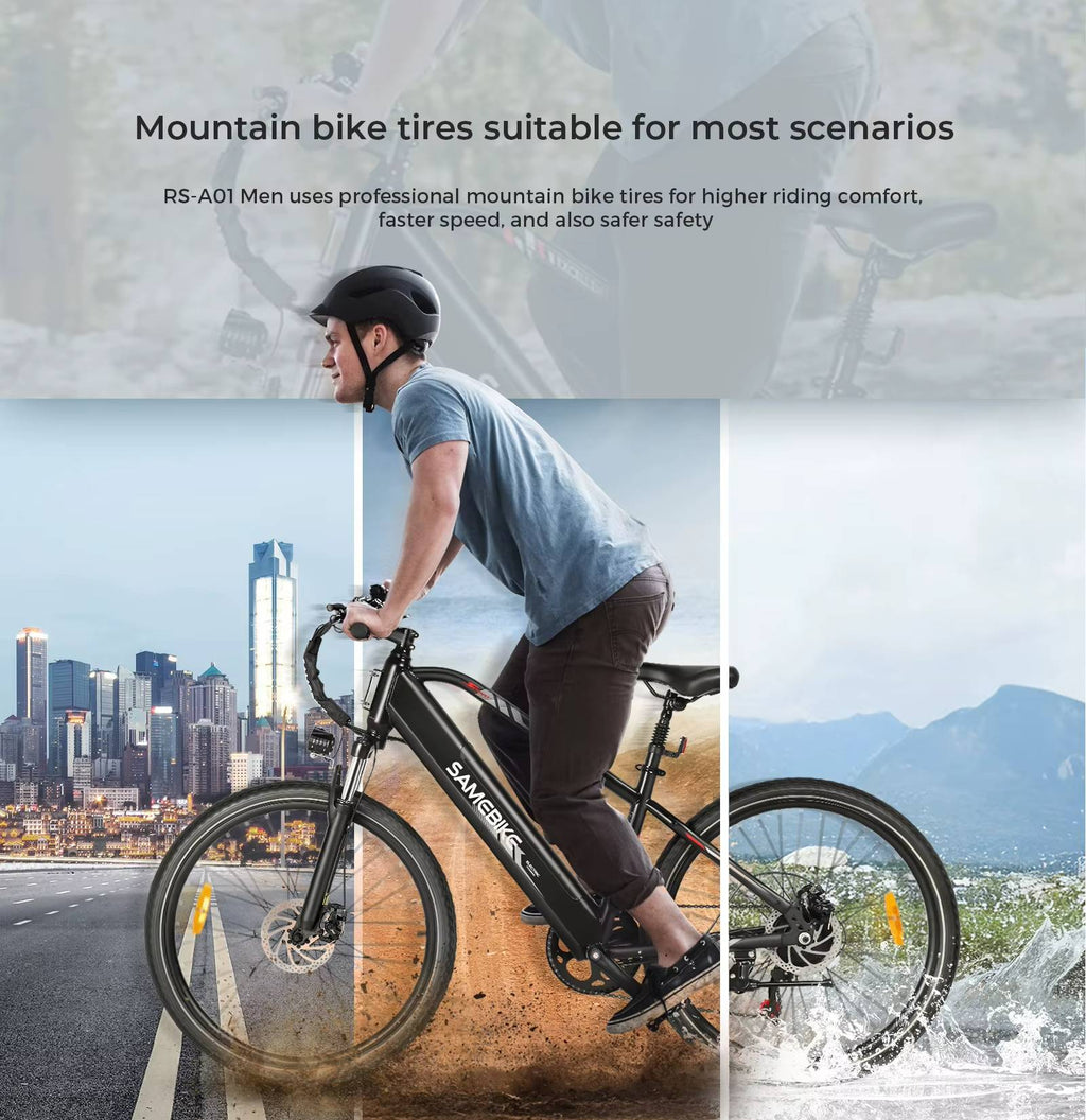 Man riding a SAMEBIKE RS-A01 MEN electric bicycle with text about mountain bike tires suitable for various scenarios.