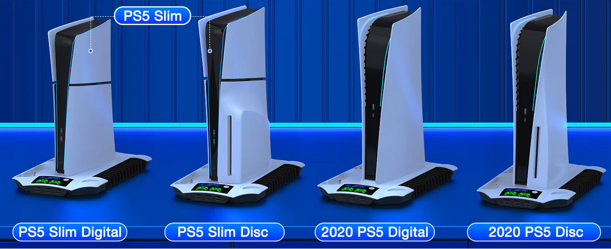 Vertical cooling station mounting compatibility chart for PS5 Disc, Digital, PS5 Slim Disc, and PS5 Slim Digital models