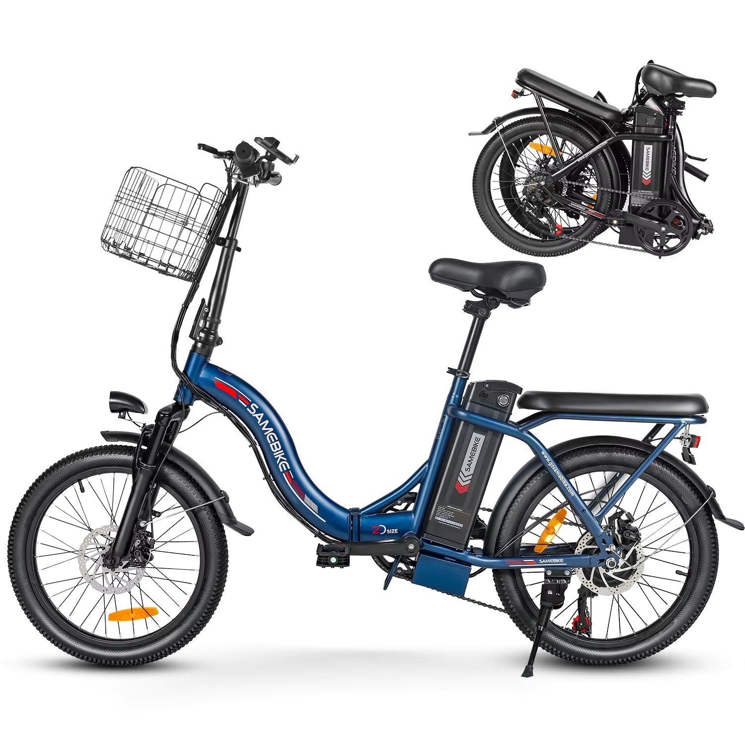 Blue SAMEBIKE CY20 electric bike with an image showing the bike folded in a small insert within the image attached on a white background