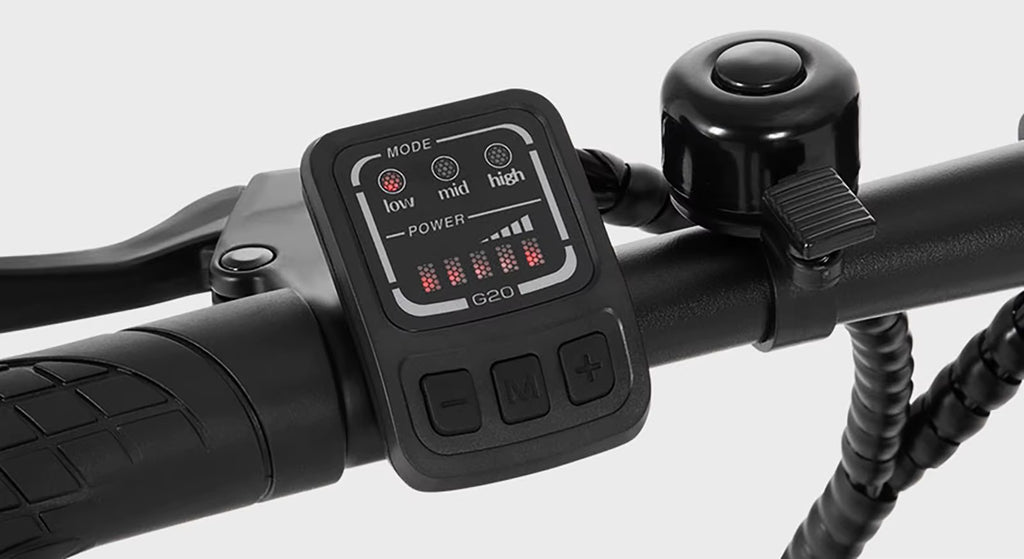 Close-up of a bike handlebar with LCD control panel and bell on a white background for the DYU A1F Pro Folding E-Bike 