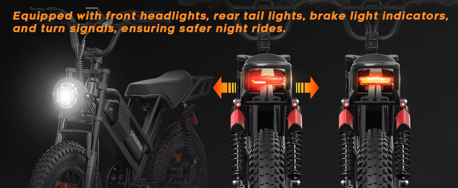 Spacewalk 1500W bicycle with front headlights, rear tail lights, brake light indicators, and turn signals on a black background.