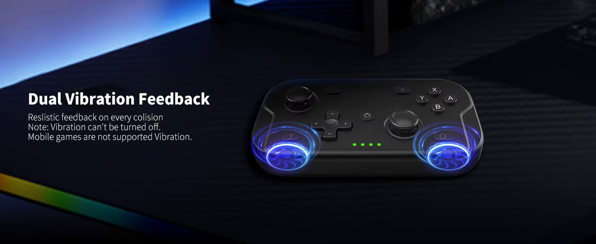 ACEGAMER Pocket Controller with dual blue‑lit vibration zones illustrating dual vibration feedback. Text highlights realistic collision response, non‑disable vibration, and note that mobile games do not support vibration. Black controller shown on dark surface with glowing blue effects.