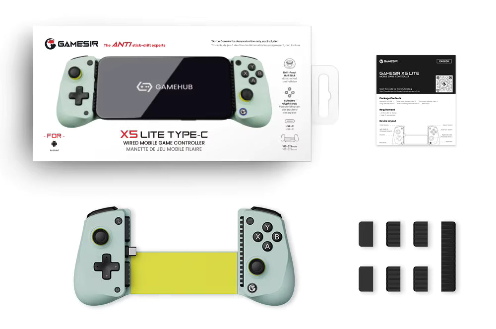Wasabi handheld Gamesir X5 Lite Type-C gaming controller with packaging and accessories on a white background
