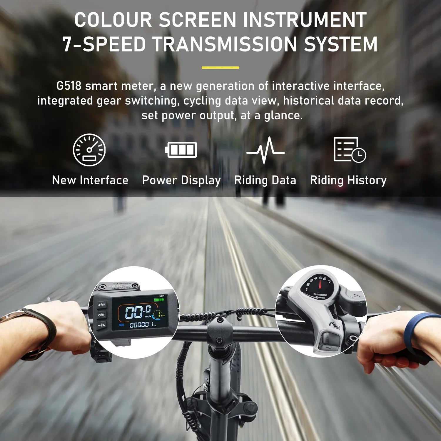Color screen instrument with 7-speed transmission system for the Hidoes  HD-F3PRO e-bike  on a blurred road background