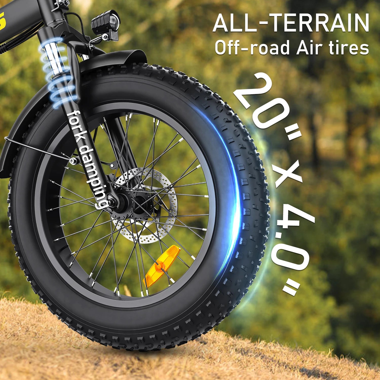 Hidoes HD-F3PRO wheel with 'forkdamping' branding and text about all-terrain off-road air tires on a natural background.