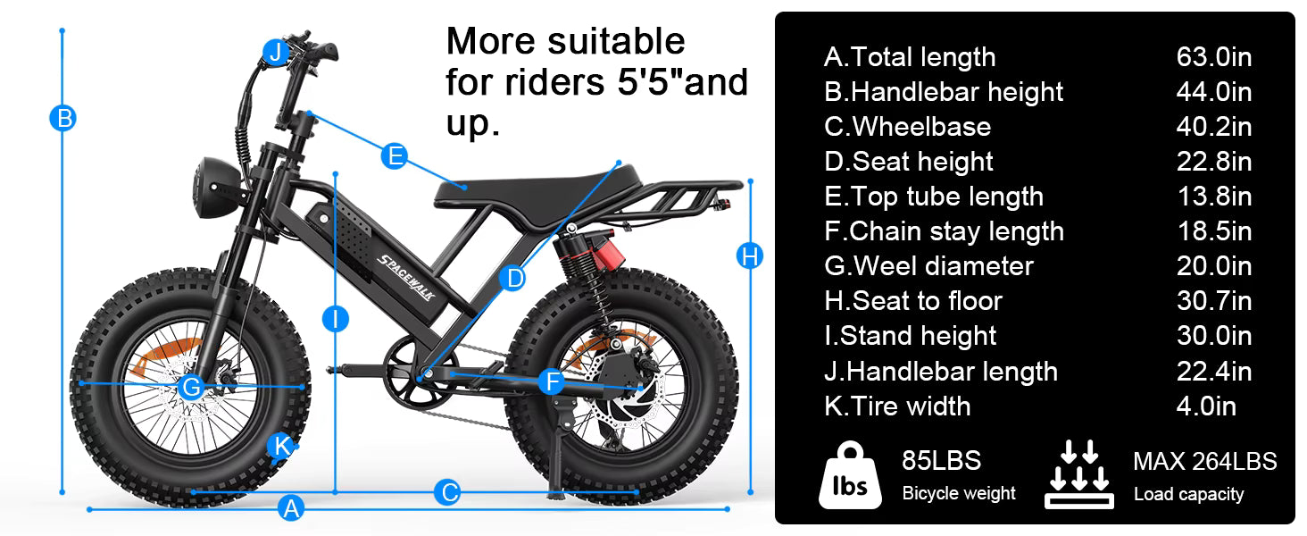 Spacewalk 1500W Electric bike with dimensions labeled and text indicating suitability for riders 5'5" and up.