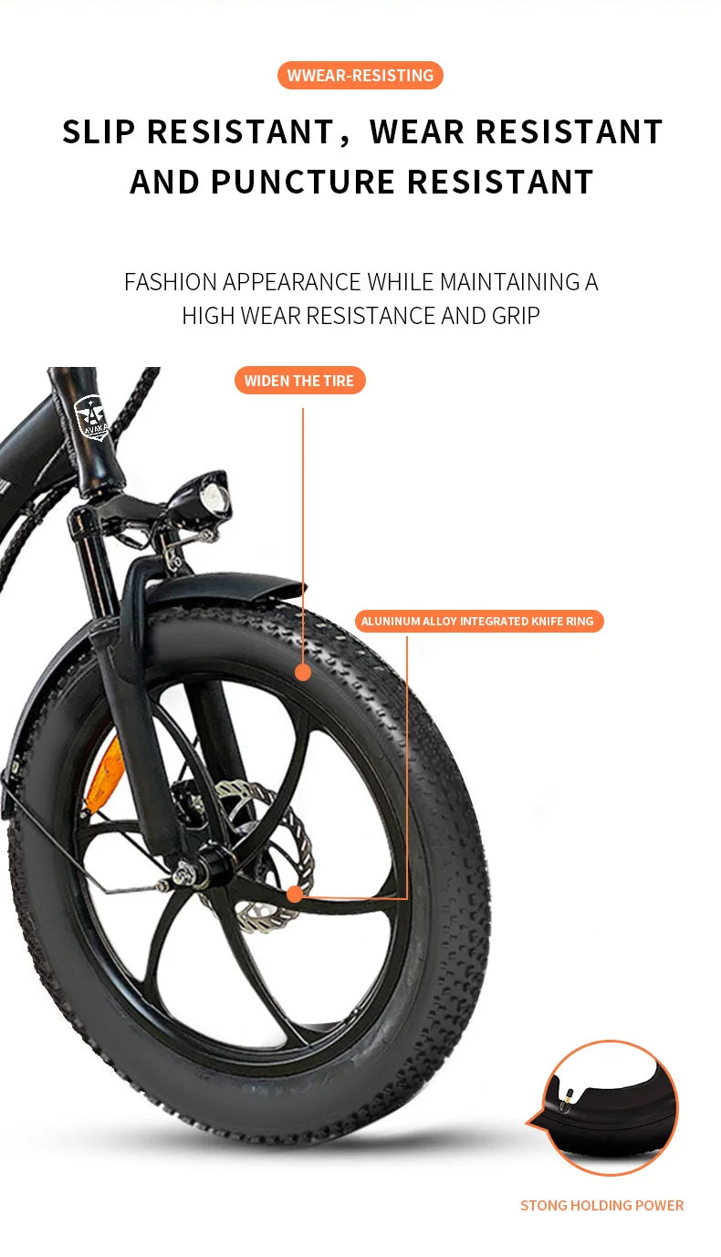 AVAKA BZ20 PLUS Foldable E‑bike Bicycle tire with text highlighting wear resistance and puncture resistance on a white background