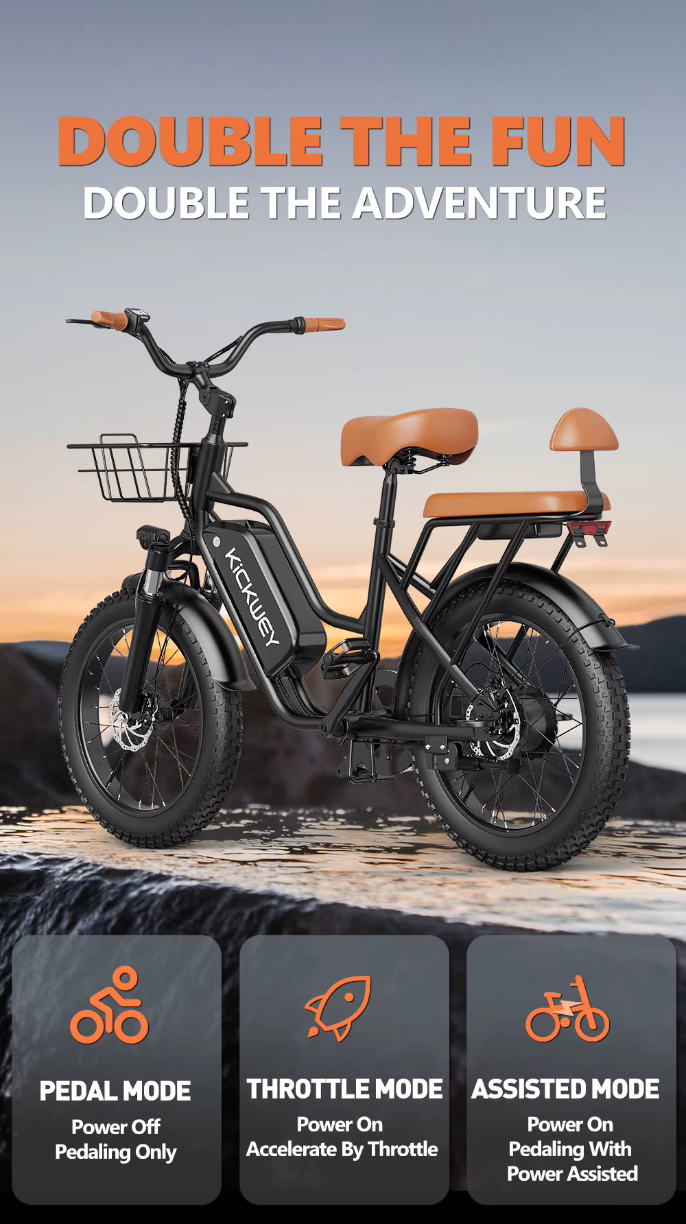 Electric bike with features highlighted against a scenic background