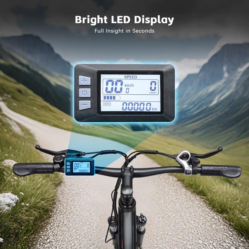 PURE UNICORN U3 Electric Bicycle handlebar with digital display against a mountainous landscape