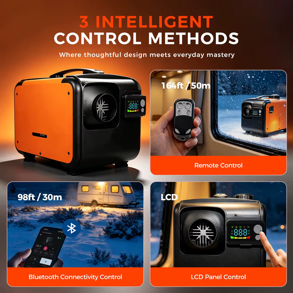 Sunster 8KW Portable Diesel Heater intelligent control methods including app, remote, and LCD switch