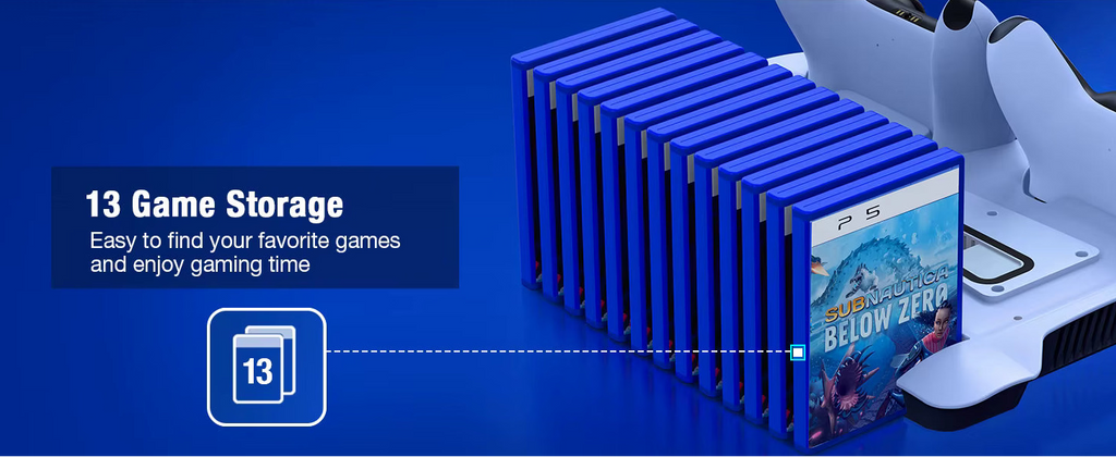 Integrated game disc organizer slot holding up to 13 PS5 game cases