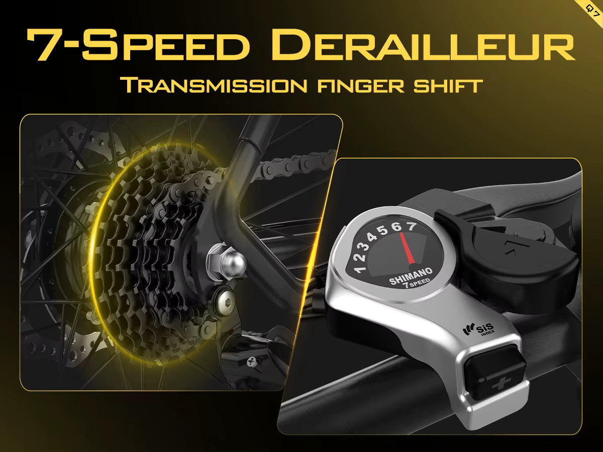 Aairsk Q7 e-bike 7-speed derailleur transmission finger shift with close-up details on a dark background