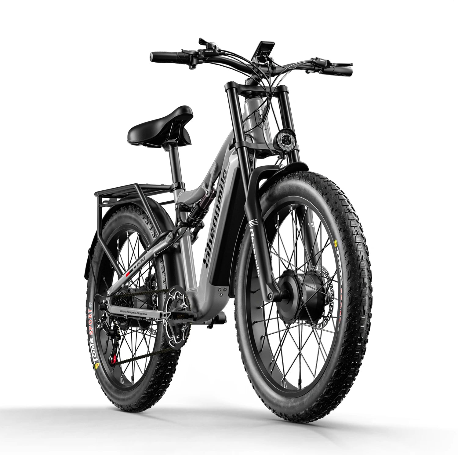 Frontal view of an electric bicycle with fat tyres on a white background