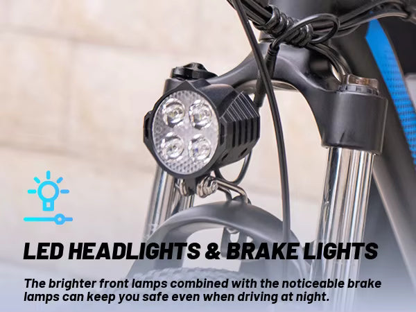DUOTTS C29 Electric Bike Feature Graphic Highlighting 4-Bead LED Headlight and Integrated Safety Lighting System
