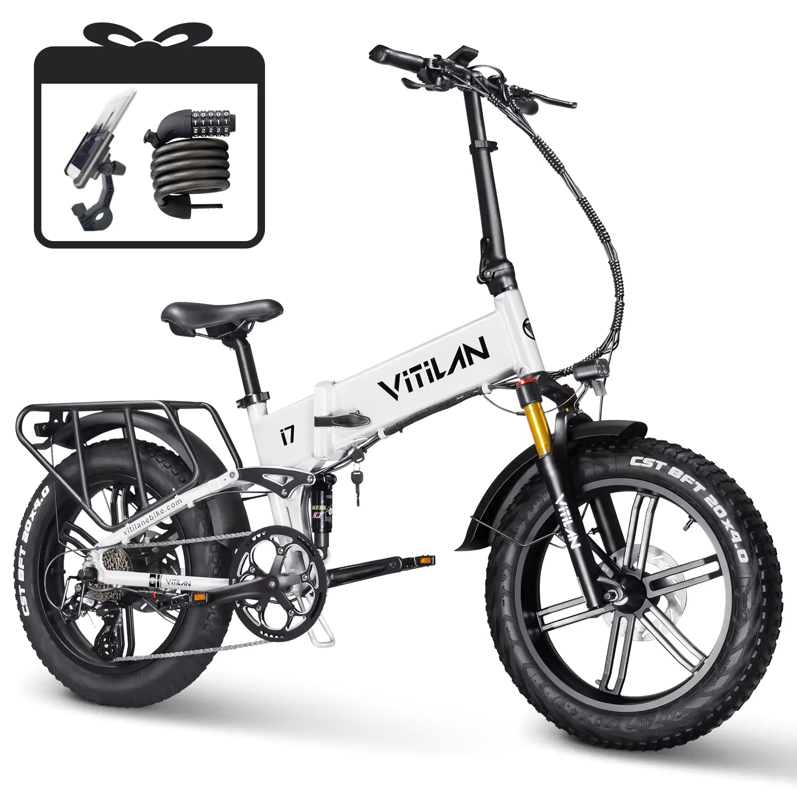 White Vitilan i7 Pro 3.0 electric bike and accessories included insert with Vitilan branding on a white background