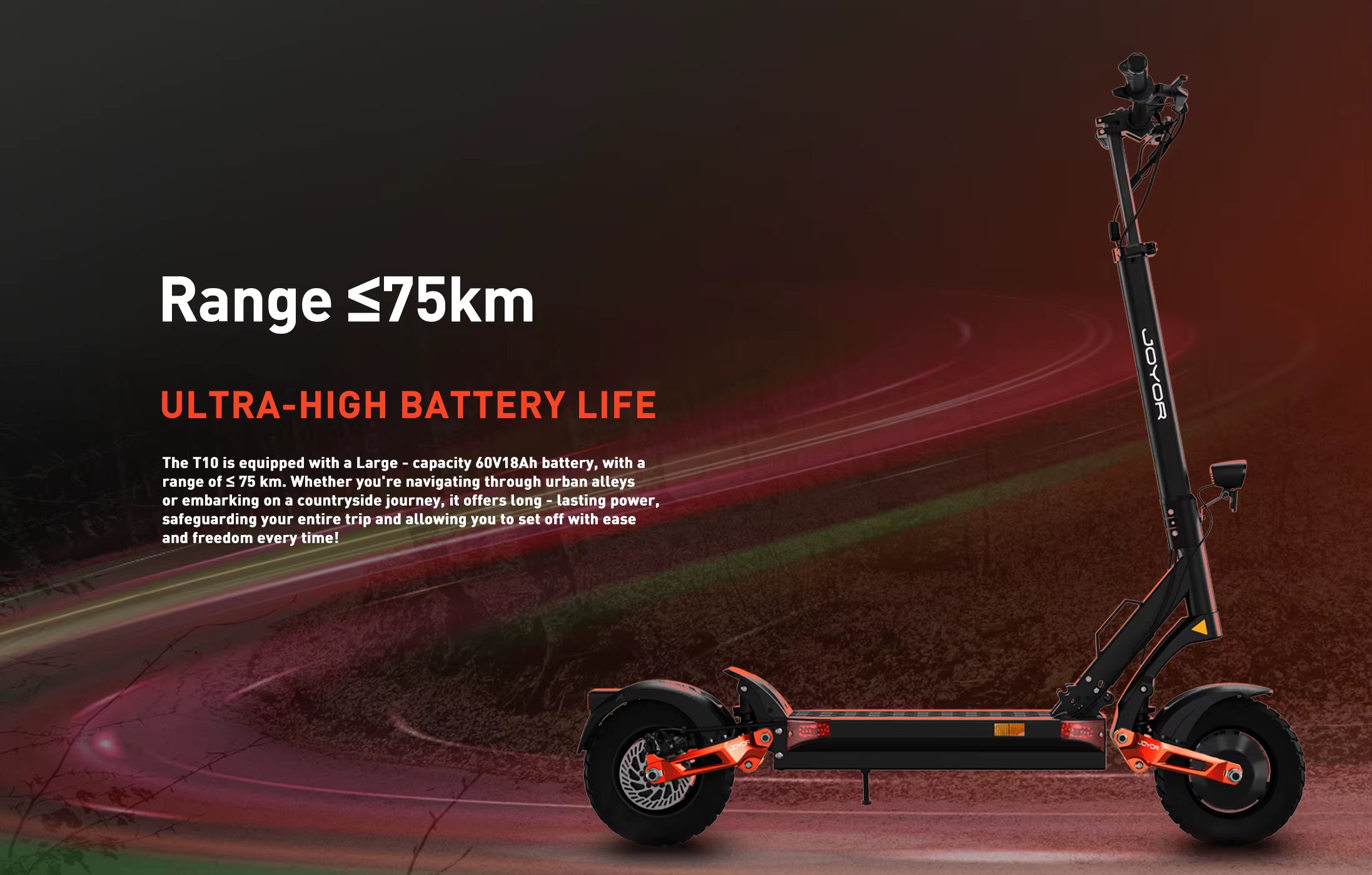 Electric scooter with range and battery life text on a dark background