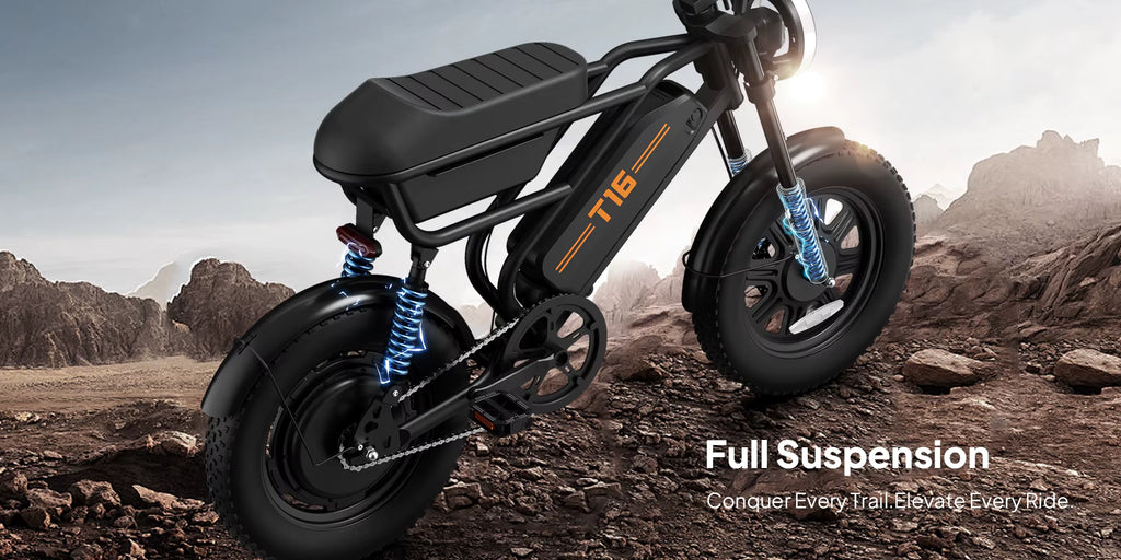 Urlife T16 250W electric city bike in stealth black, shown from a three-quarter profile highlighting the fat tyres, rear shock absorption