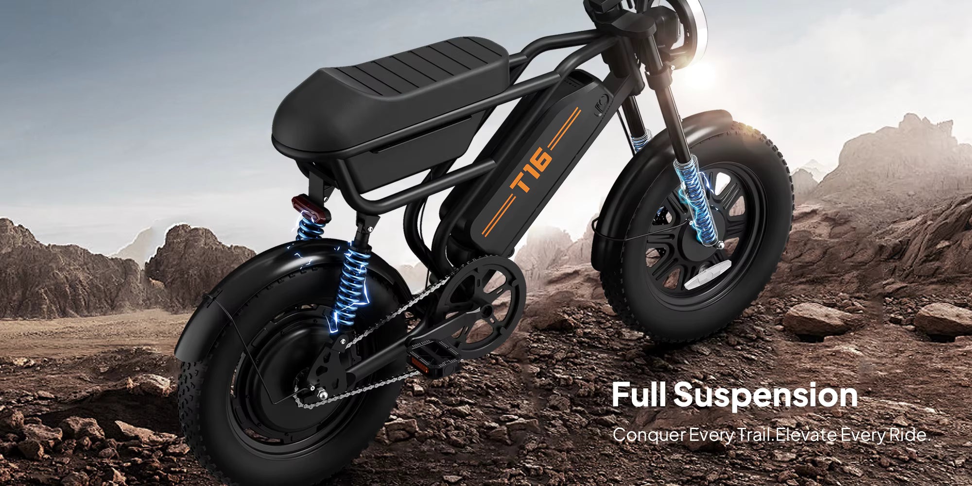 Urlife T16 250W electric city bike in stealth black, shown from a three-quarter profile highlighting the fat tyres, rear shock absorption