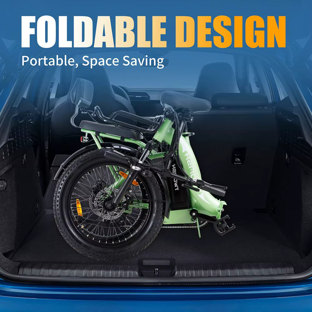 Foldable electric bicycle in a car trunk with 'Foldable Design' text above.