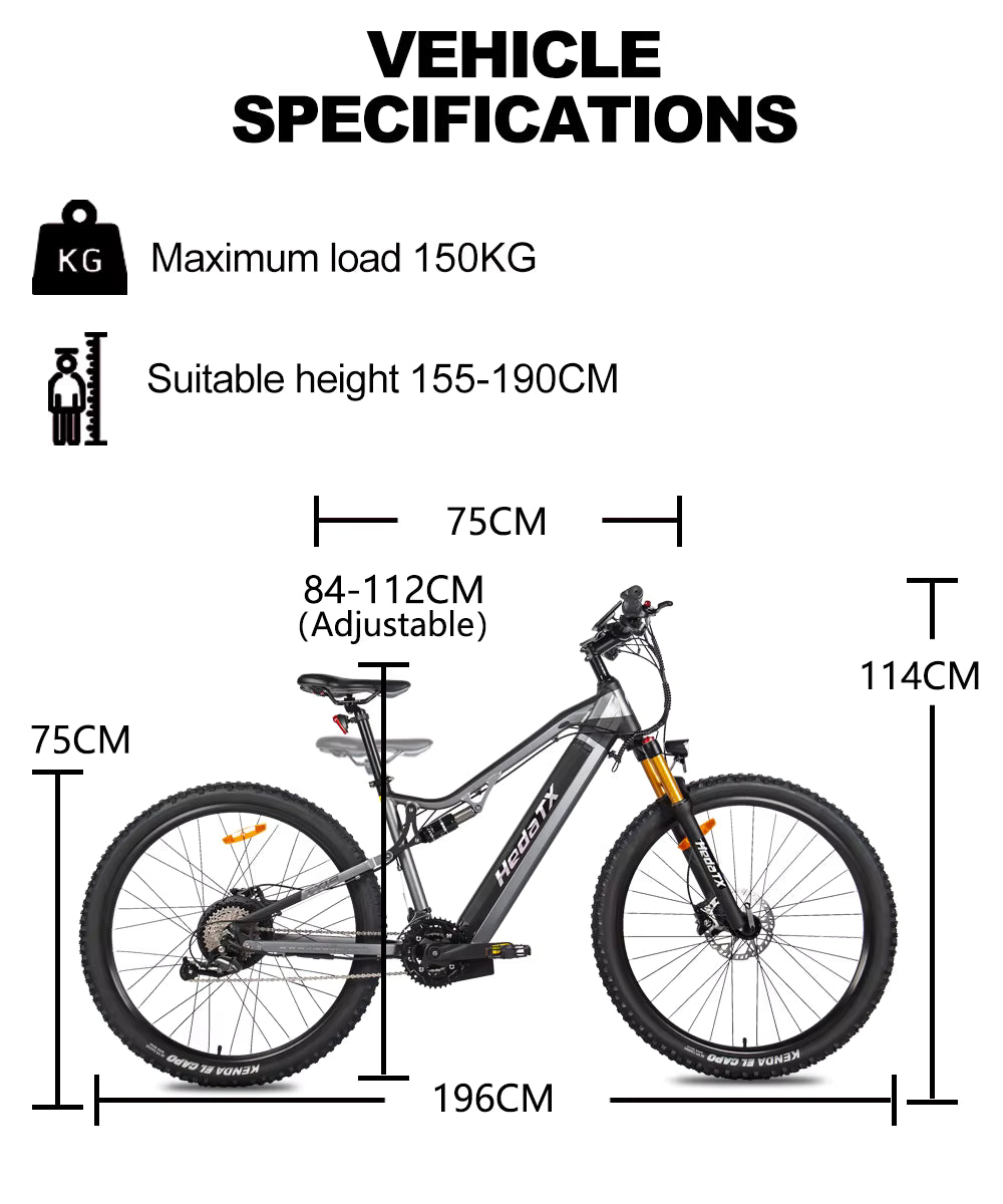 HedaTX TX19 Electric bike with specifications on a white background