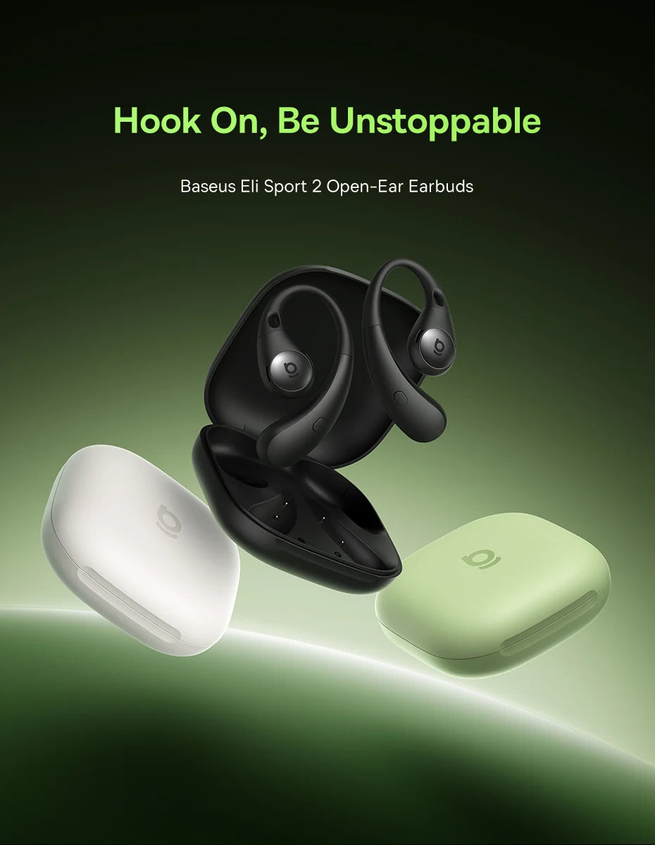 Baseus Eli Sport 2 open-ear earbuds with choice of different colour charging cases on a green gradient background