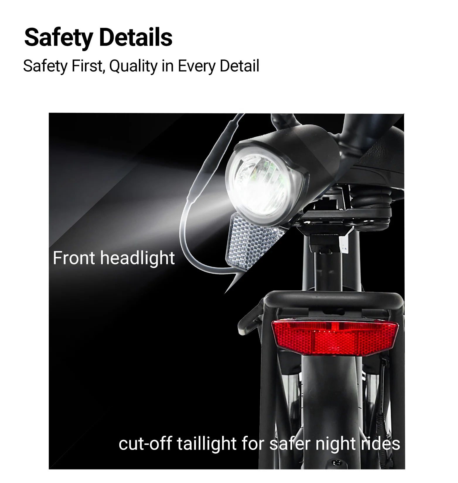 PIXAR C1 electric bike front headlight and cut-off taillight with safety details text on a white background