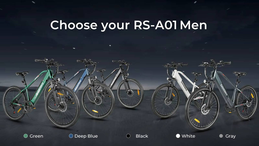 Five electric SAMEBIKE RS-A01 MEN bikes in different colors with a dark background and text 'Choose your RS-A01 Men'.