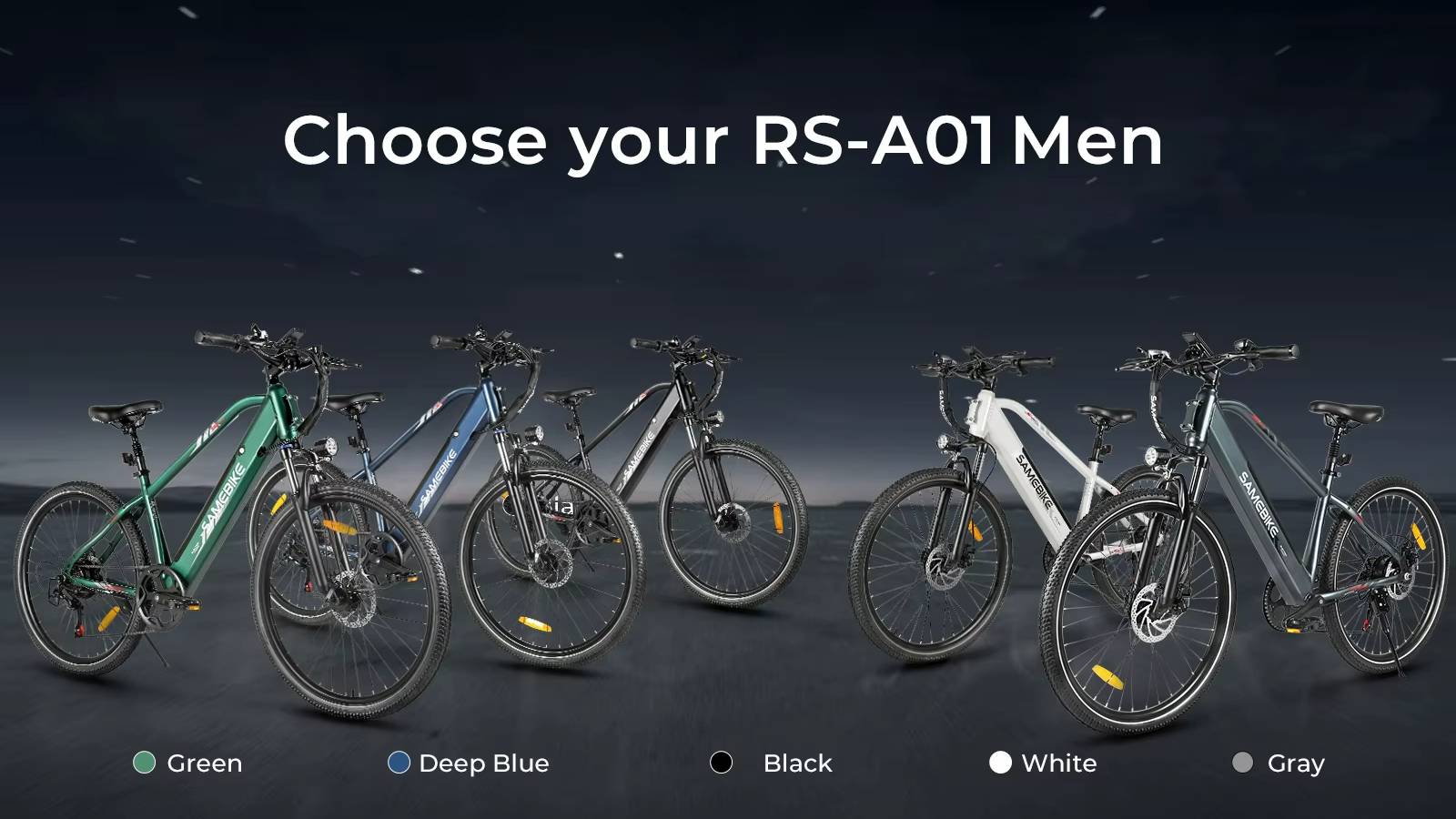 Five electric SAMEBIKE RS-A01 MEN bikes in different colors with a dark background and text 'Choose your RS-A01 Men'.