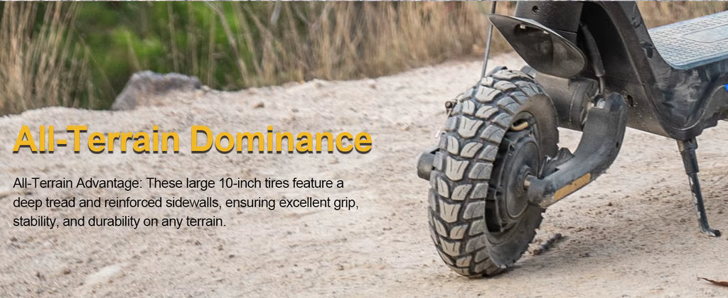 Close-up of an electric scooter tyre with text about all-terrain dominance on a sandy surface.