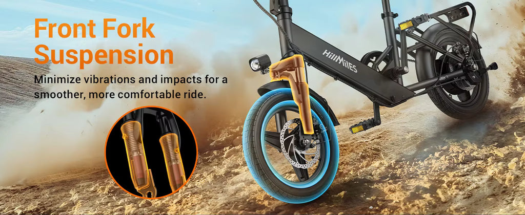 Electric bike with front fork suspension feature on a dirt road