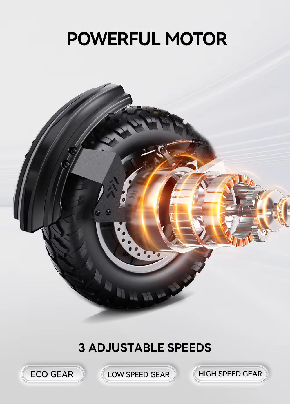 E-Scooter Motor with glowing internal components on a white background, labeled 'Powerful Motor' and '3 Adjustable Speeds'.