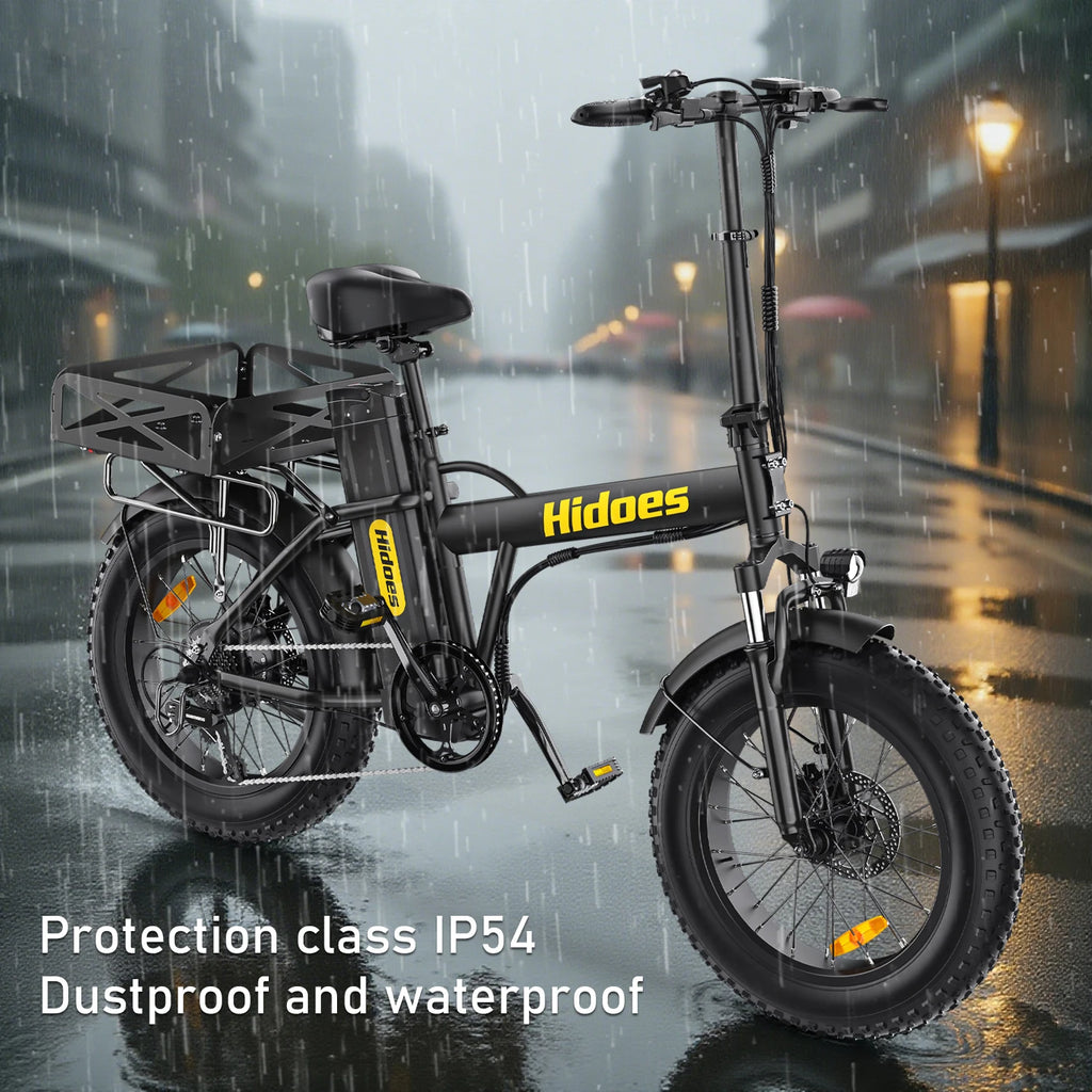 Black Hidoes HD-F3PRO electric bike with yellow branding on a wet city street, highlighting waterproof features.