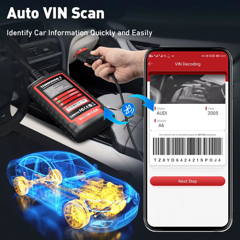ThinkDiag 2 auto VIN scan feature identifying vehicle data quickly on a mobile device